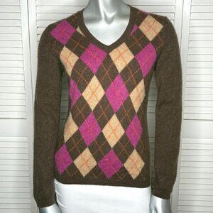 FIONA 100% 2-Ply Cashmere Brown Argyle Knit V-Neck Ladies Golf Sweater Cozy S